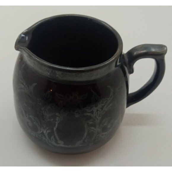 Gibson England Silver Overlay Redware Pottery Sugar Creamer Set Rustic Farm - Picture 5 of 9